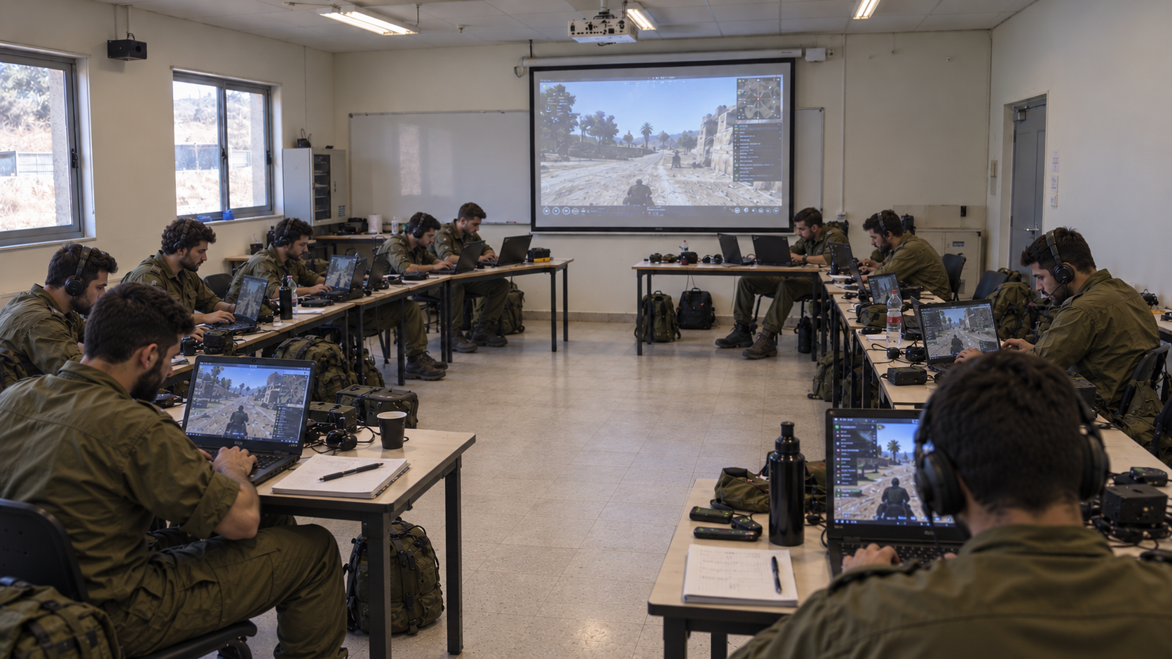 Commanders training with laptops on projected first-person simulation